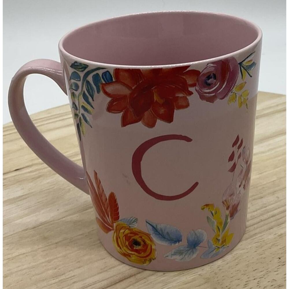 Hearth & Hand with Magnolia C Monogram Mug Pink Floral Stoneware‎ Coffee Cup